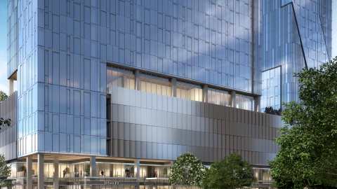 A street level rendering of a glassy high-rise overlooking a park.