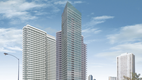 A glassy high-rise.