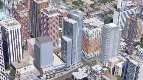 A rendering of a glassy apartment tower surrounded by other high-rise buildings. 