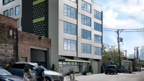 A rendering of a five-story apartment complex on a city street. 