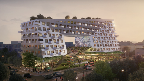 A 10-story mixed-use building on the corner of a low-rise city neighborhood. 