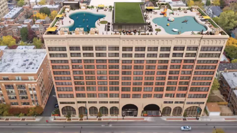 A rendering of a 14-story apartment building.