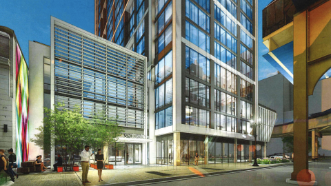 A rendering of a 25-story apartment tower next to elevated train tracks. 