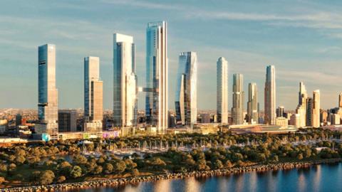 A rendering of nine skyscrapers in a row across from a body of water. 
