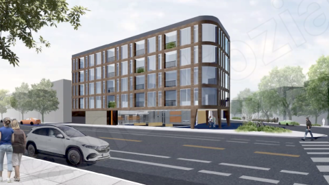 A rendering of a five-story apartment building.