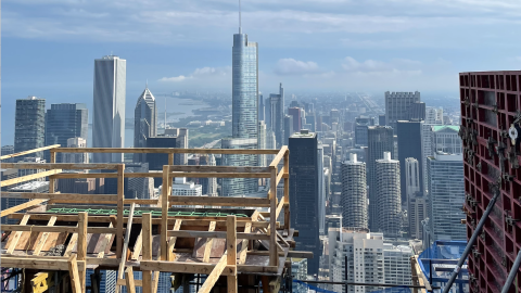 A view of downtown Chicago from the top of an under-construction building. 