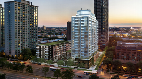 Two 19- and 6-story apartment buildings connected at the base. 