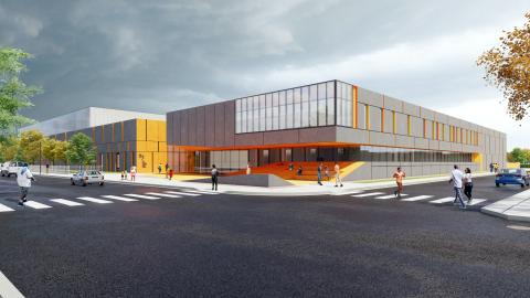A rendering of a two-story sports complex.