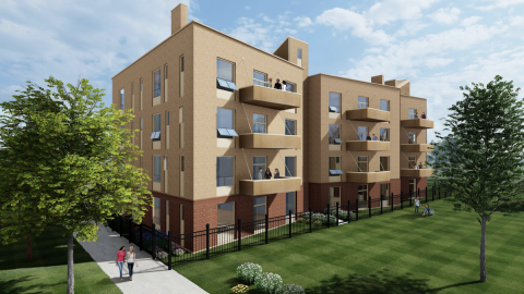 A rendering of a four-story condo building. 