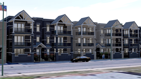 Three-story condo building.
